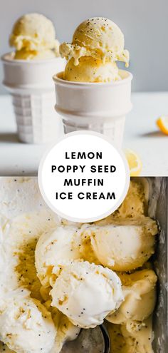 lemon poppy seed muffin ice cream in an ice cream container with the text overlay that reads, lemon poppy seed muffin ice cream