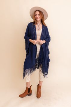 Open Work Frayed Bohemian Ruana Ponchos Navy Sorority Rush Dresses, Cozy Wrap, Bachelorette Dress, Casual Bodysuit, Rush Dresses, Style Cardigan, Dressy Tops, Womens Casual Outfits, Ponchos