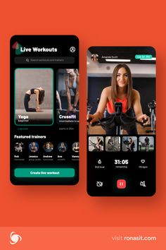 two mobile screens showing the different workouts on their phones and in front of them is an image of a woman riding a stationary bike