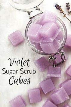 lavender sugar scrub cubes in a glass jar