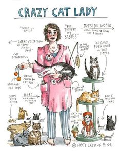 a drawing of a woman holding a cat in front of many cats and kittens