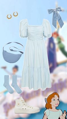 an image of a woman in white dress next to shoes and bracelets with other items