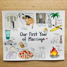 a paper sign that says our first year of marriage with pictures of different things on it