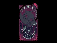 an illustration of a black cat with stars and crescents on it's back