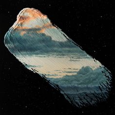 an artist's impression of a large object floating in the air with clouds and stars around it