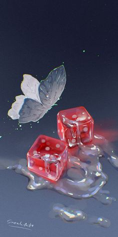 two ice cubes floating in water next to a butterfly