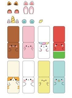 an assortment of different colored boxes with faces on them