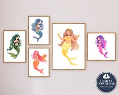 four mermaid prints hanging on the wall