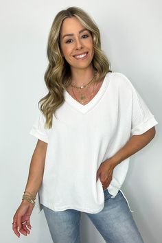 Off White / SM Cora Rib Knit High Low V-Neck Top - BACK IN STOCK - Madison and Mallory Ribbed V-neck Top With Relaxed Fit, Trendy V-neck Top With Ribbed Neckline, Versatile V-neck Knit Top For Day Out, Relaxed Fit V-neck Knit Top For Everyday, Knit V-neck Top For Day Out, Chic Waffle Knit V-neck Top, Ribbed Knit V-neck Top, Oversized Soft Knit Tops For Everyday, Everyday Oversized Soft Knit Tops