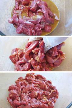 three pictures showing how to make raw meat