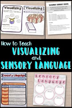 several different types of visual and language activities with text that reads how to teach visualizing and sensory language