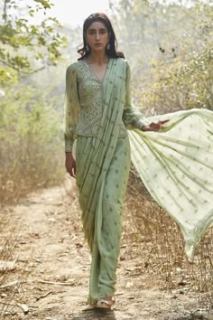 Buy Sana Barreja Green Georgette Rumeha Pre-draped Saree And Jacket Set Online | Aza Fashions Luxury Pre-draped Chanderi Saree With Block Print, Luxury Chanderi Pre-draped Saree For Designer Wear, Luxury Anarkali Pre-draped Saree In Pista Green, Luxury Pre-draped Saree With Zari Work In Art Silk, Luxury Raw Silk Pre-draped Saree With Mirror Work, Luxury Chanderi Pre-draped Saree For Transitional Season, Luxury Art Silk Pre-draped Saree With Zari Work, Luxury Side Open Saree With Zari Work, Luxury Designer Pre-draped Saree With Block Print