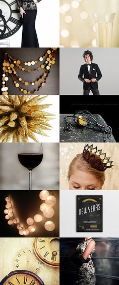 a collage of photos with gold and black accents, including a woman in a tuxedo