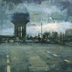 an oil painting of a city street with traffic lights and water tower in the background