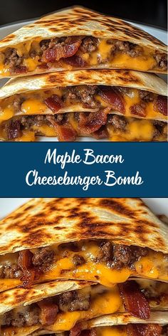 Maple Bacon Cheeseburger Bomb Quesadillas take classic cheeseburger flavors and wrap them up in a crispy, cheesy quesadilla. Loaded with ground beef, melty cheese, smoky bacon, and a touch of maple syrup, these quesadillas are sweet, savory, and incredibly satisfying. Great for dinner, parties, or as a unique snack! Classic Cheeseburger, Cheesy Quesadilla, Melty Cheese, Bacon Cheeseburger, Maple Bacon, Quesadillas, Sweet Savory, Dinner Parties, Maple Syrup