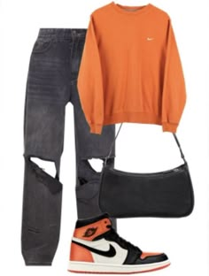 Cute Outfits Orange, Orange And Black Outfits For Women, Orange Crewneck Outfit, Orange Jordan 1 Outfit, Orange Outfits Aesthetic, Orange Clothes Aesthetic, Orange Outfit Aesthetic, Black And Orange Outfit, Orange And Black Outfit