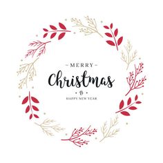 a christmas wreath with the words merry on it in red and gold lettering over a white background