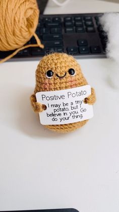 a crocheted potato holding a sign that says positive potato i'm not a tiny potato but i do your thing