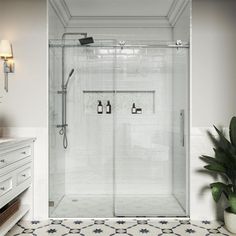 a bathroom with a walk in shower next to a sink