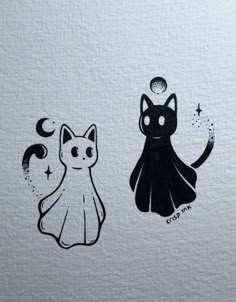 two black and white drawings of cats with stars on their heads, one in the shape of a cat's head