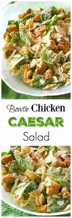 two plates filled with salad on top of a green table cloth and the words bowtie chicken caesar salad