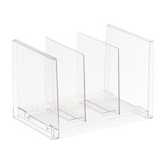 three clear acrylic display stands on a white background with no one in the photo