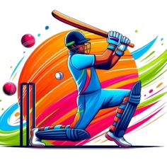 a cricket player hitting the ball with his bat in front of an orange and blue background