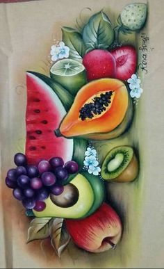 a painting of fruits and vegetables on a piece of paper with watermelon, kiwi, peaches, grapes, pears