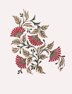 an embroidered design with red flowers and green leaves