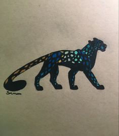 a drawing of a blue leopard with spots on it's body, standing in front of a white background