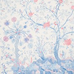 an artistic wallpaper design with flowers and trees in blue, pink and white colors