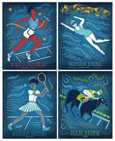 four different posters with women playing tennis