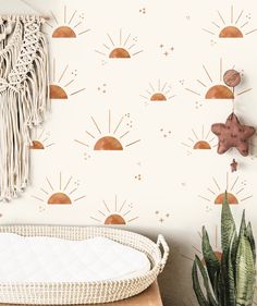 Golden Sun and Stars Boho Wallpaper | Girls Nursery Wallpaper | Kids Wallpaper | Childrens Wallpaper | Peel Stick Removable Wallpaper | 3845 - JamesAndColors Wallpaper Smooth, Childrens Wallpaper, Girl Nursery Wallpaper, Summer Nursery, Twin Nursery, Matte Wallpaper, Wallpaper Kids, Boho Wallpaper, Bedroom Color