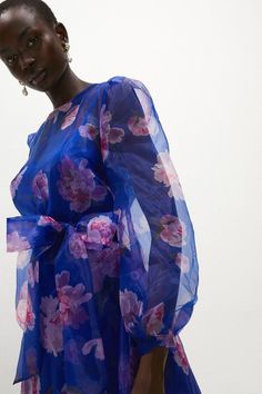 Floral Long Sleeve Organza Tie Waist Midi Dress Organza Midi Dress, Dresses Floral, Blue Midi Dress, Dress Blue, Dress Collection, Blue Floral, Kimono Top, Midi Dress, Buy Online