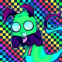 an image of a green monster with purple hair and big eyes on checkered background