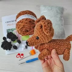 a person holding a small dog made out of yarn and crochet hooks next to other crafting supplies