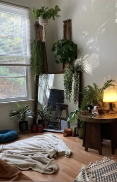 a living room filled with lots of plants next to a large mirror and lamp on top of a hard wood floor