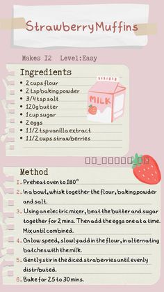 a recipe for strawberry muffins is shown in this graphic style, with instructions to make