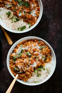 two bowls filled with rice and ground beef