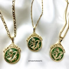 DESCRIPTION: Channeling prosperity and good luck fortune, our 18K Gold Plated Jade Dragon Necklace features the Chinese symbol for fortune over the circular Jade dragon medallion pendant. Attract all the right vibes with this one! MATERIAL: 18K Gold Plated over Stainless Steel. Hypoallergenic, Tarnish Free and Water Resistant. LENGTH: Multiple chain options and sizes available for selection above. Pendant: 1.25 inch Mix and match with any of our 18K Gold Necklaces and Anklets to create the most Heart Initial Necklace, Customized Necklace, Real Gold Necklace, Dope Jewelry Accessories, Gift For Him Birthday, Jade Dragon, 18k Gold Necklace, Gold Medallion, Dragon Necklace