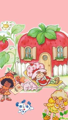 the strawberry shortcake house is surrounded by other cartoon characters