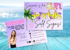 two business cards with an image of a palm tree and the words, summer is for sun sandals & sold signs