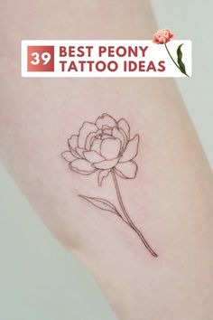 a small tattoo with a flower on the back of her leg, which reads best peony tattoo ideas