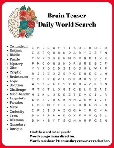 the brain teacher daily word search is shown in red and white with flowers on it