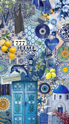 a collage of blue and white tiles with flowers, lemons and other items