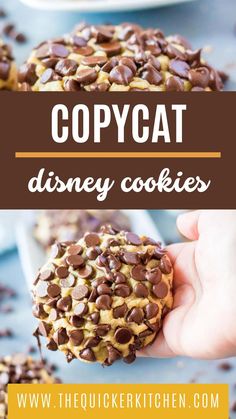 a person holding up a cookie with chocolate chips on top and the words copycat disney cookies above it