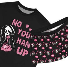 Horror Movie Pajamas, Cute Pajama Shirts, Goth Pjs Pajama, Gothic Pajamas Aesthetic, Scream Pjs, Scream Pajamas, No You Hang Up, Horror Pajamas, Halloween Pjs Women