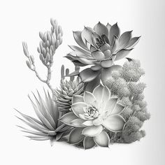 black and white photograph of various succulents on a white background, with one plant in the foreground