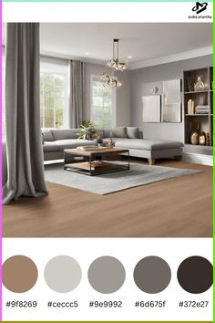 the living room is decorated in shades of grey and white, with neutrals to light brown