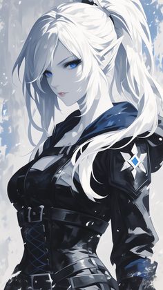 an anime character with white hair and blue eyes, wearing black leather clothes in the snow